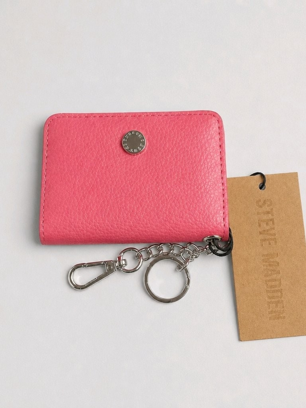 Steve Madden Raspberry Pebbled Leather Key & Card Holder w/ Silver Hardware NWT